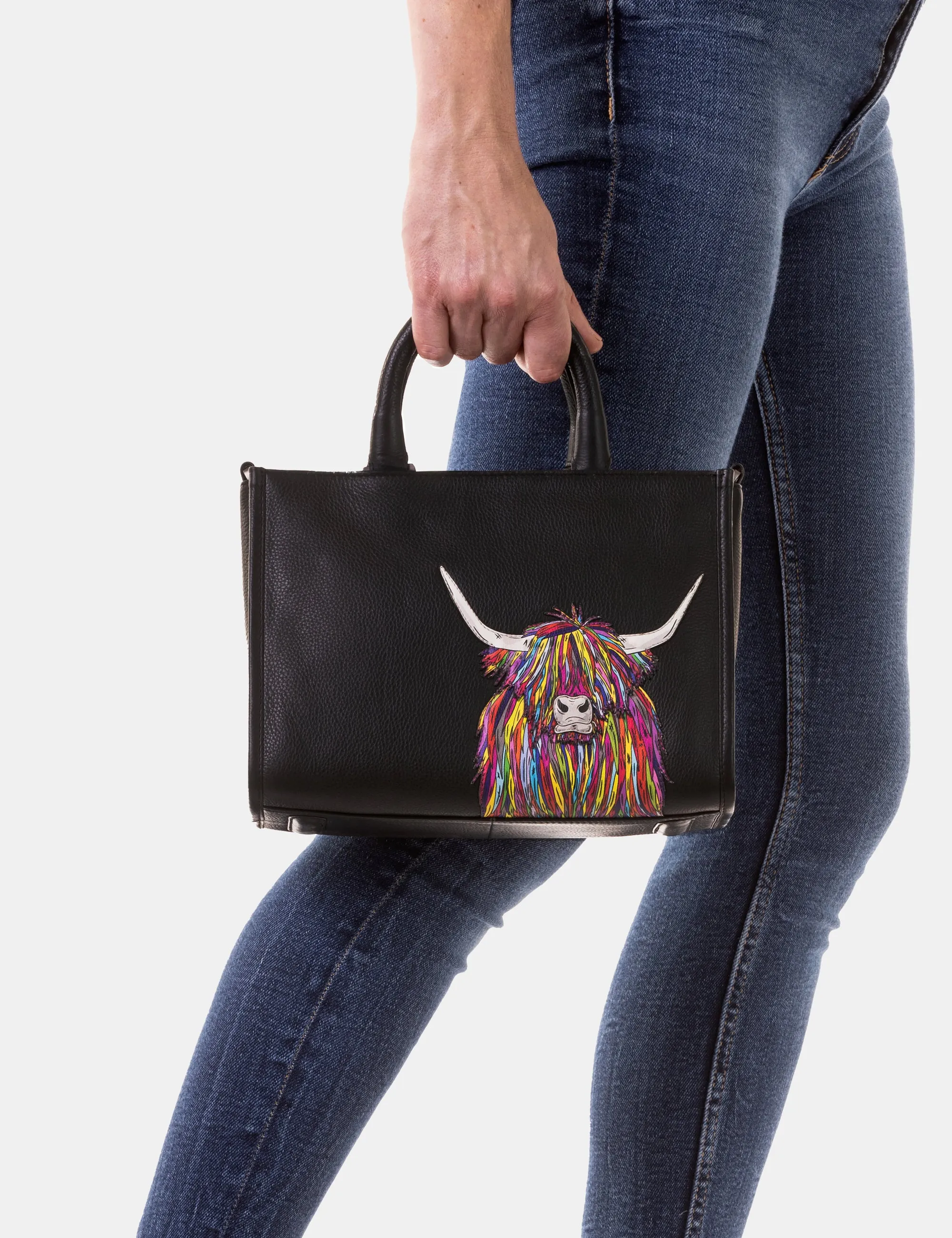 Highland Cow Black Leather Multiway Grab Bag