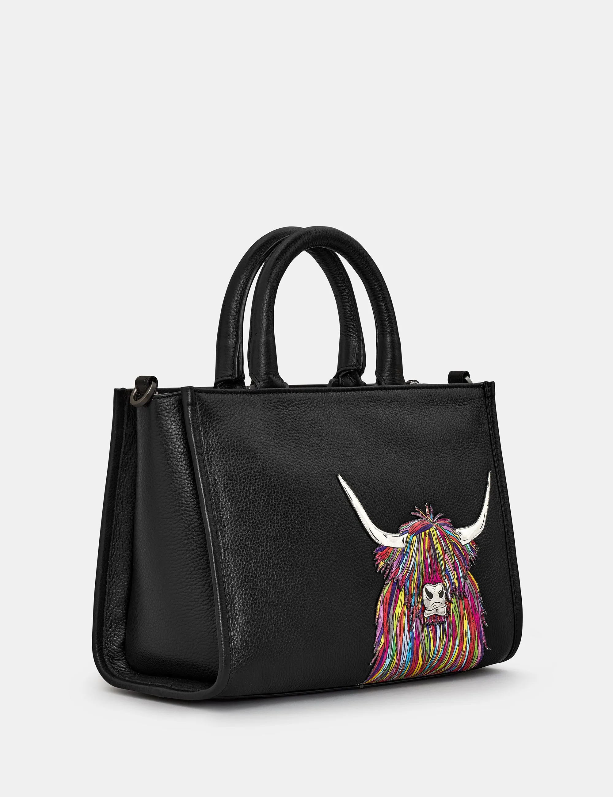 Highland Cow Black Leather Multiway Grab Bag