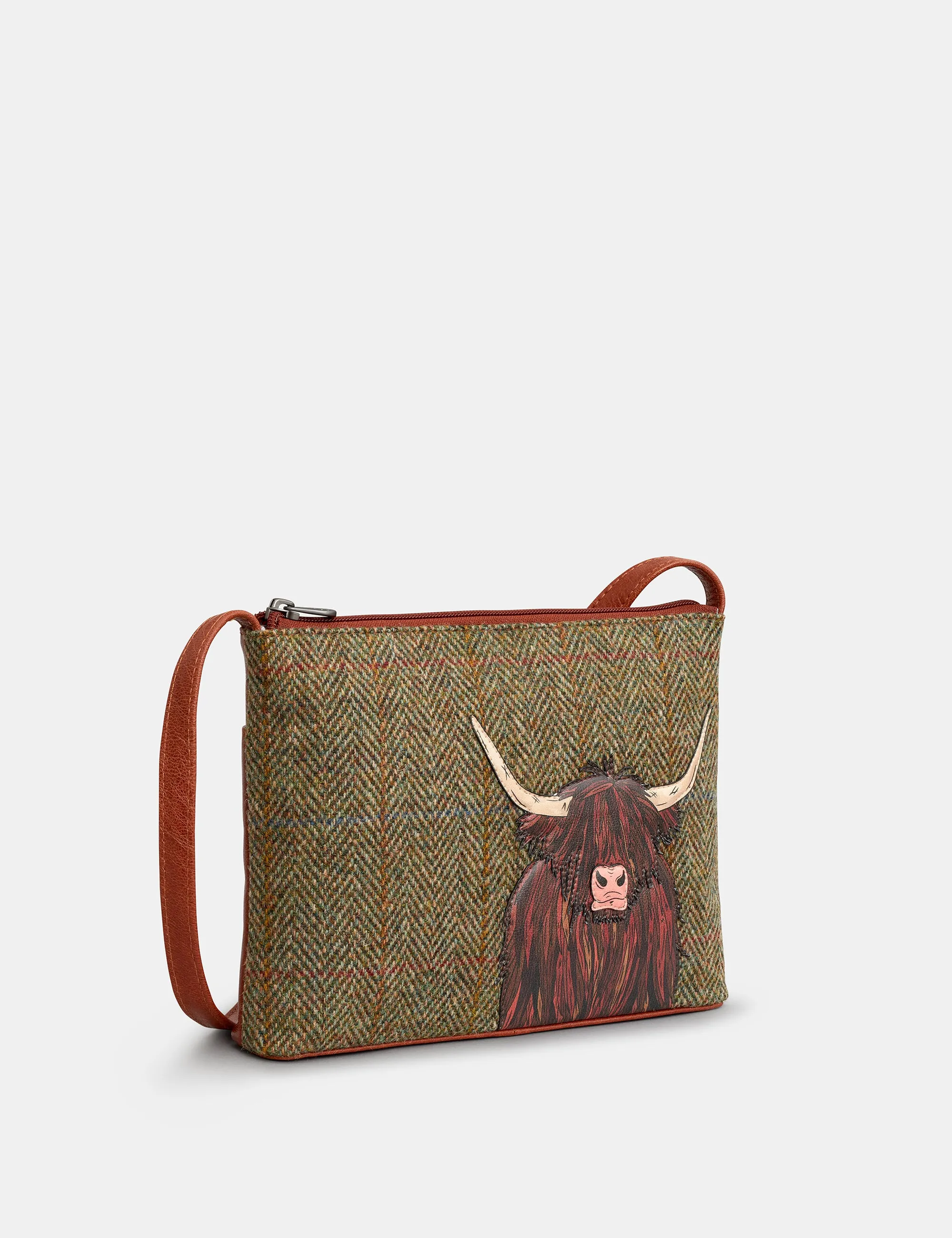Highland Cow Harris Tweed & Brown Leather Cross Body Bag