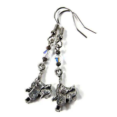 Silver Western Saddle Dangle Earrings, Swarovski Crystals, Handmade Jewelry